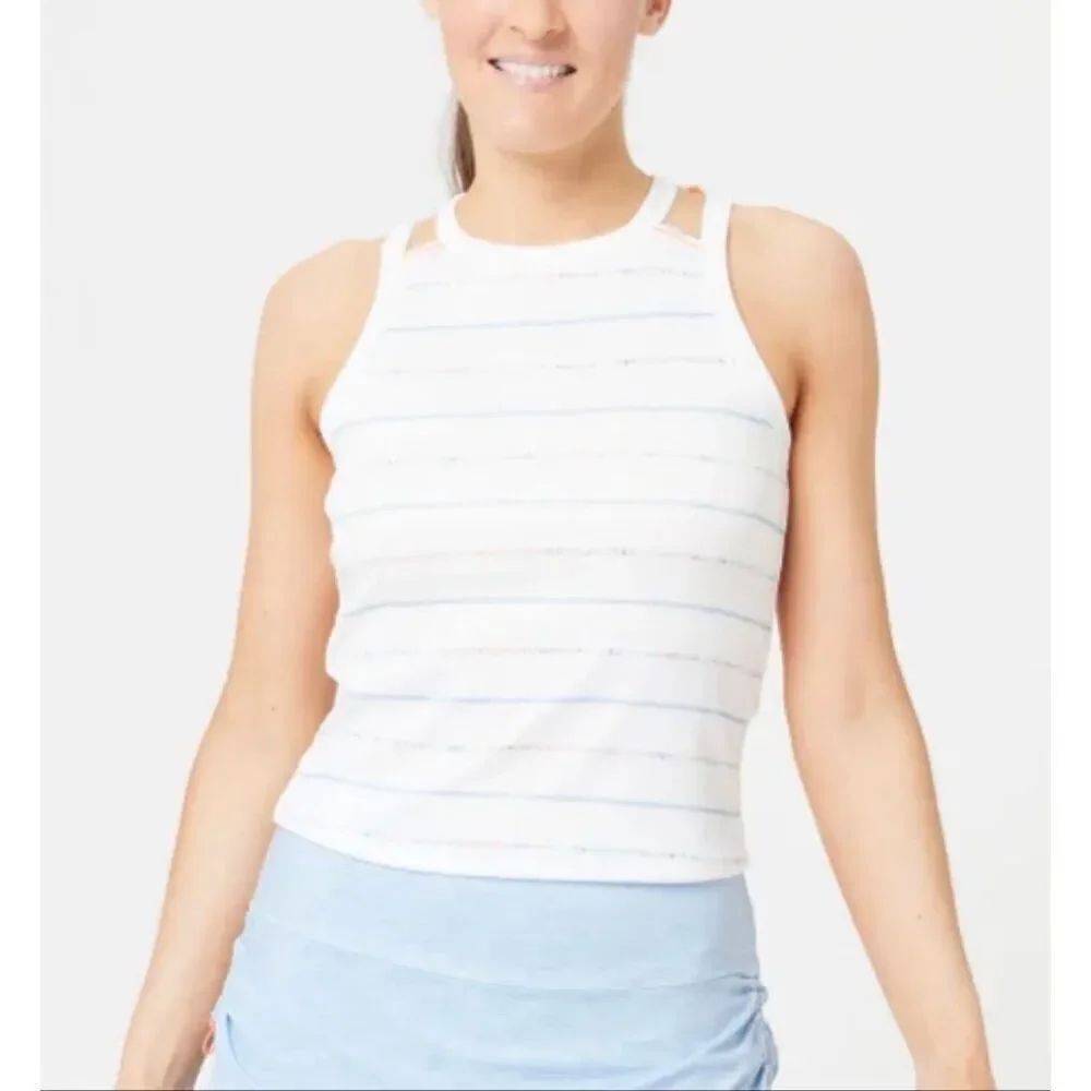 Lucky in Love white striped crew tank top VAPORTEX technology size L NWT